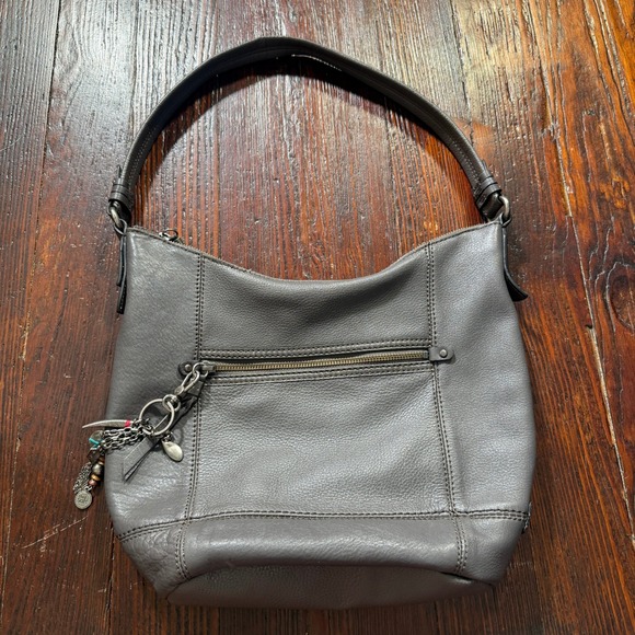 The Sak Handbags - The Sak Hobo Shoulder Bag Purse Grey Leather Front Zip Charm Accent - EUC